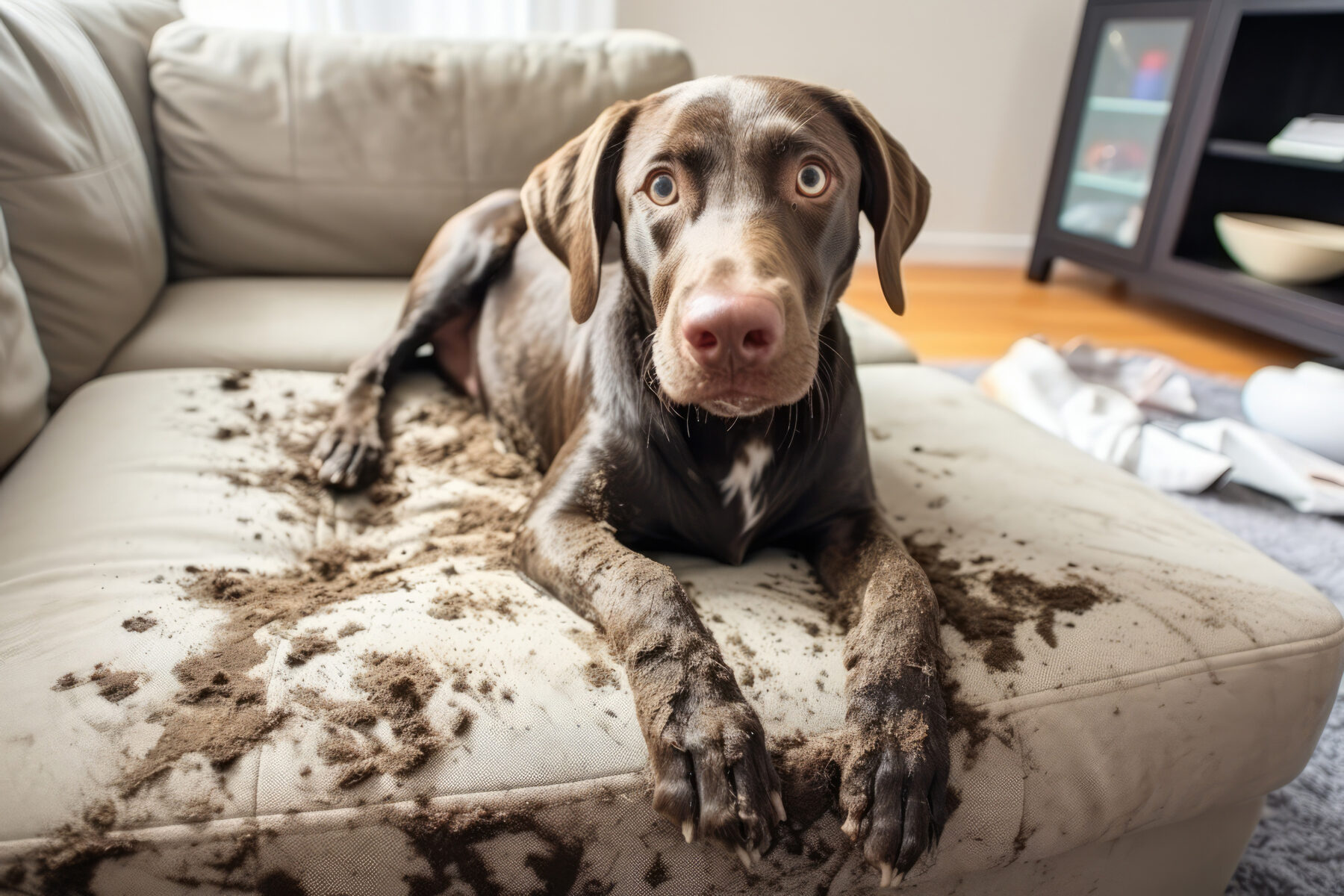 Muddy dog on dirty sofa